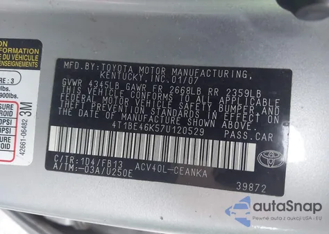 2007 Toyota Camry Le из США, поврежденный, VIN 4T1BE46K57U120529